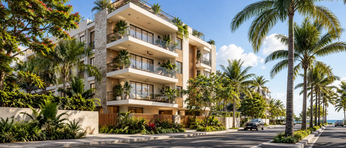 Ilustración de edificio residencial con balcones y palmeras; ilustración para la guía de apartamentos en Alameda