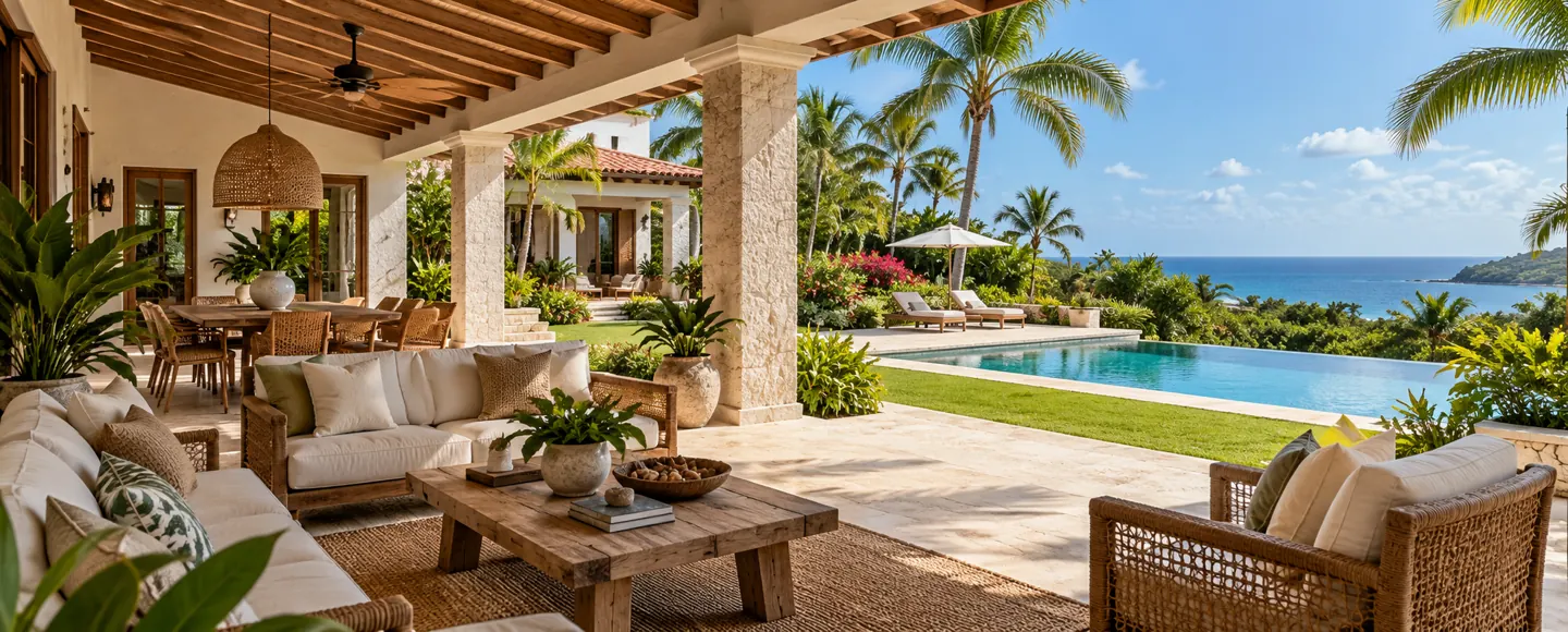 Ilustración de terraza de casa tropical con jardín y piscina; ilustración para la guía de casas en Baní