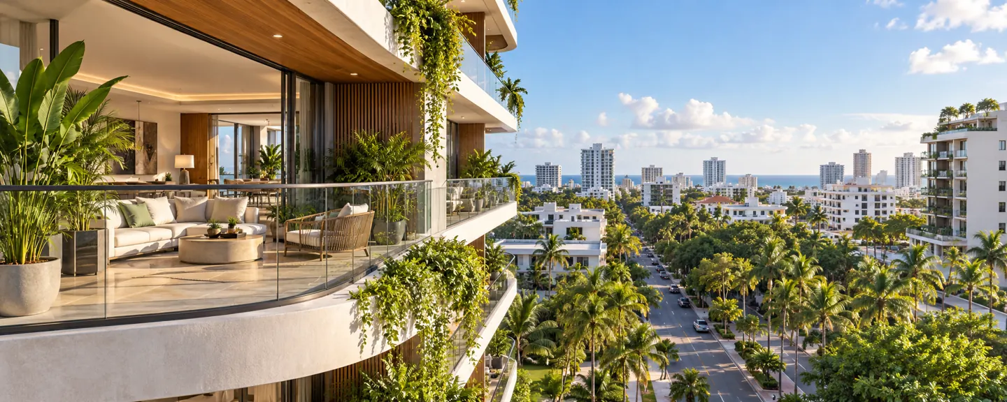 Ilustración de balcón de apartamento con vegetación y vista urbana; ilustración para la guía de apartamentos en Mirador Norte